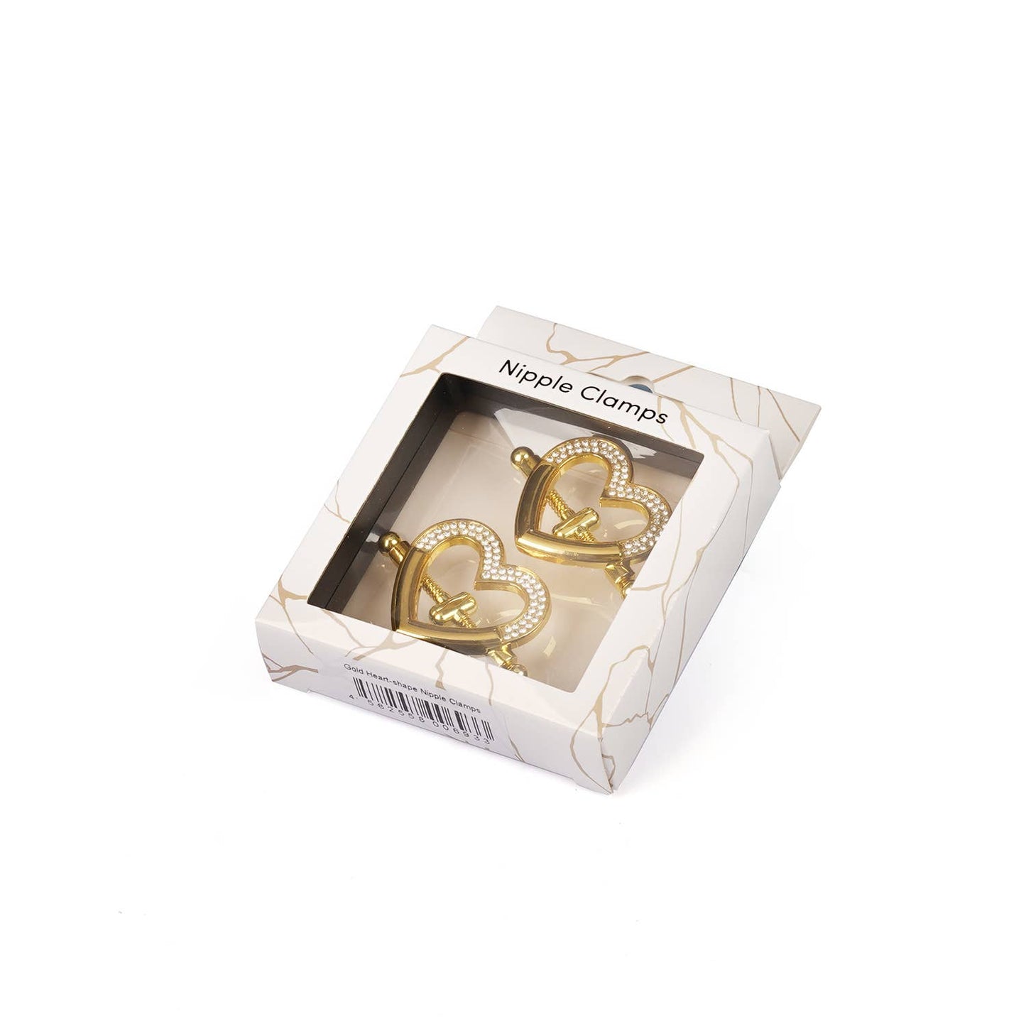 Rhinestone heart nipple clamps in packaging for a romantic look.