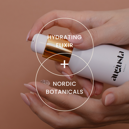 Hand holding a skincare product with 'Augusta' branding and text about hydrating elixir and Nordic botanicals on a brown background.