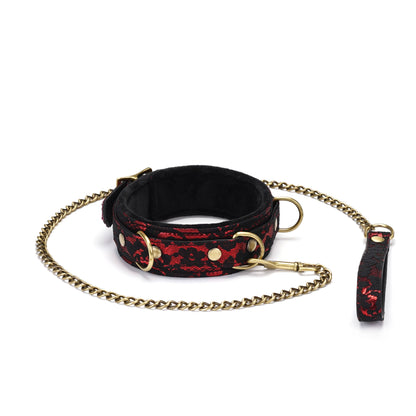 BDSM Collar with black lace, vegan leather, D-rings and chain