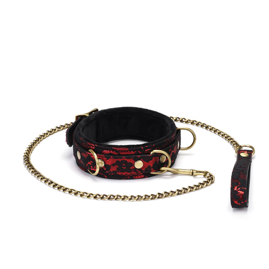 BDSM Collar with black lace, vegan leather, D-rings and chain