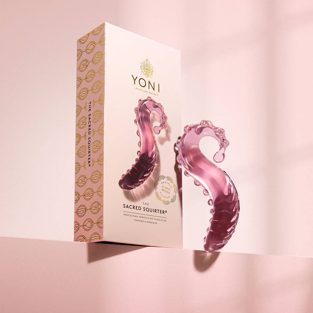 Pink Sacred Squirter glass dildo pleasure wand with curved G-spot design and textured ridges