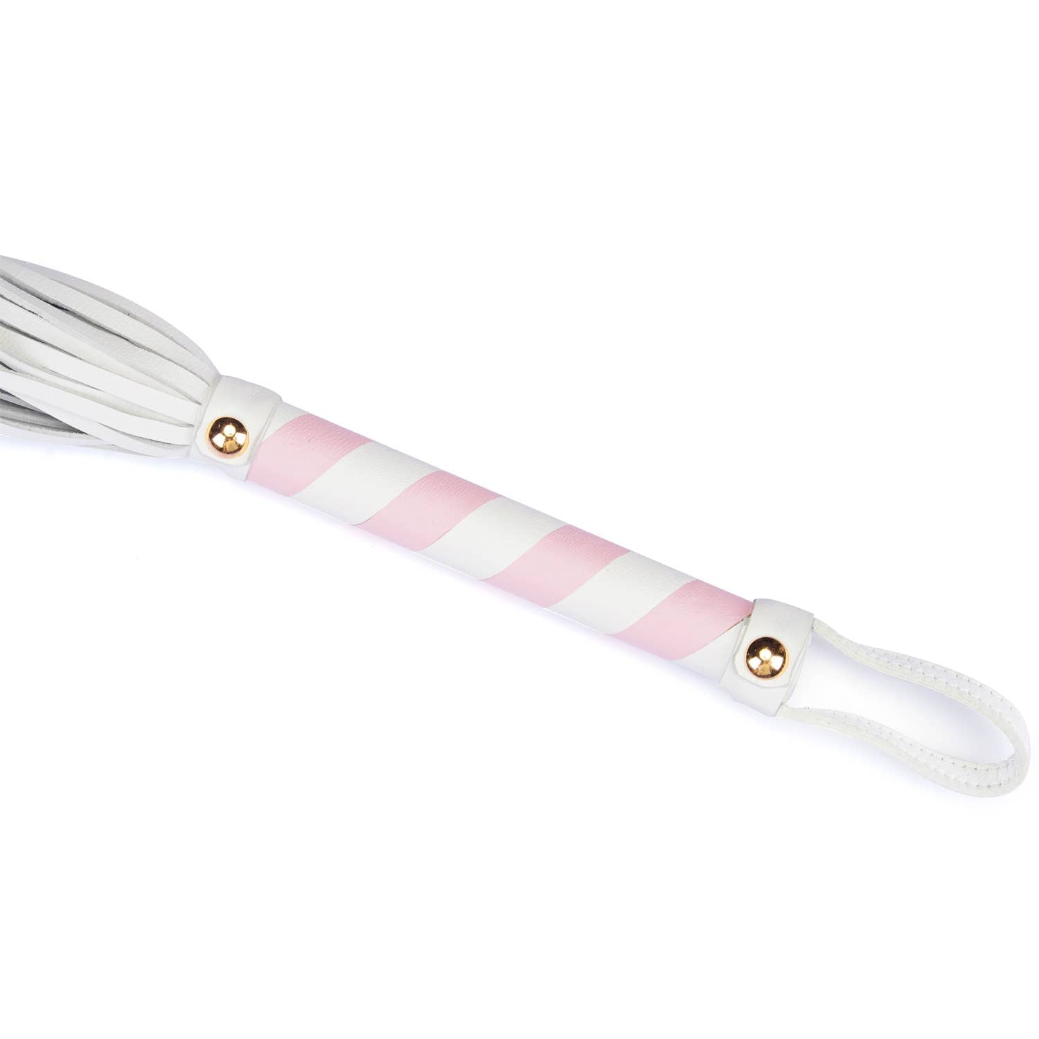 Close up of pink and white handle with rose gold accent and loop detail of Fairy Flogger