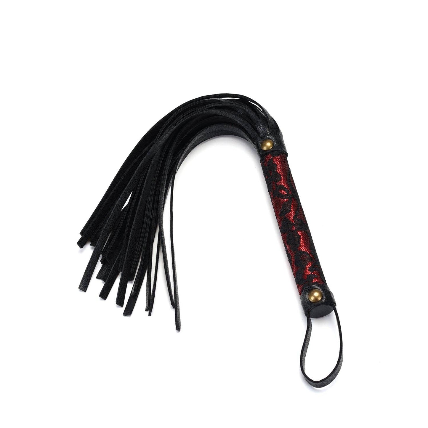 Vegan leather flogger with red handle and black lace. 