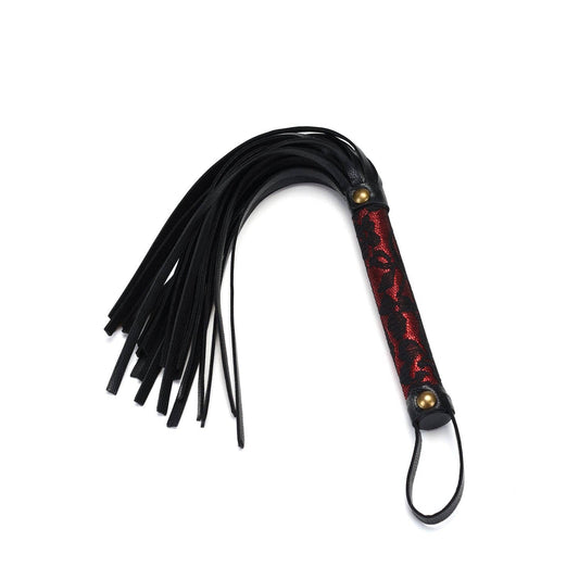 Vegan leather flogger with red handle and black lace. 