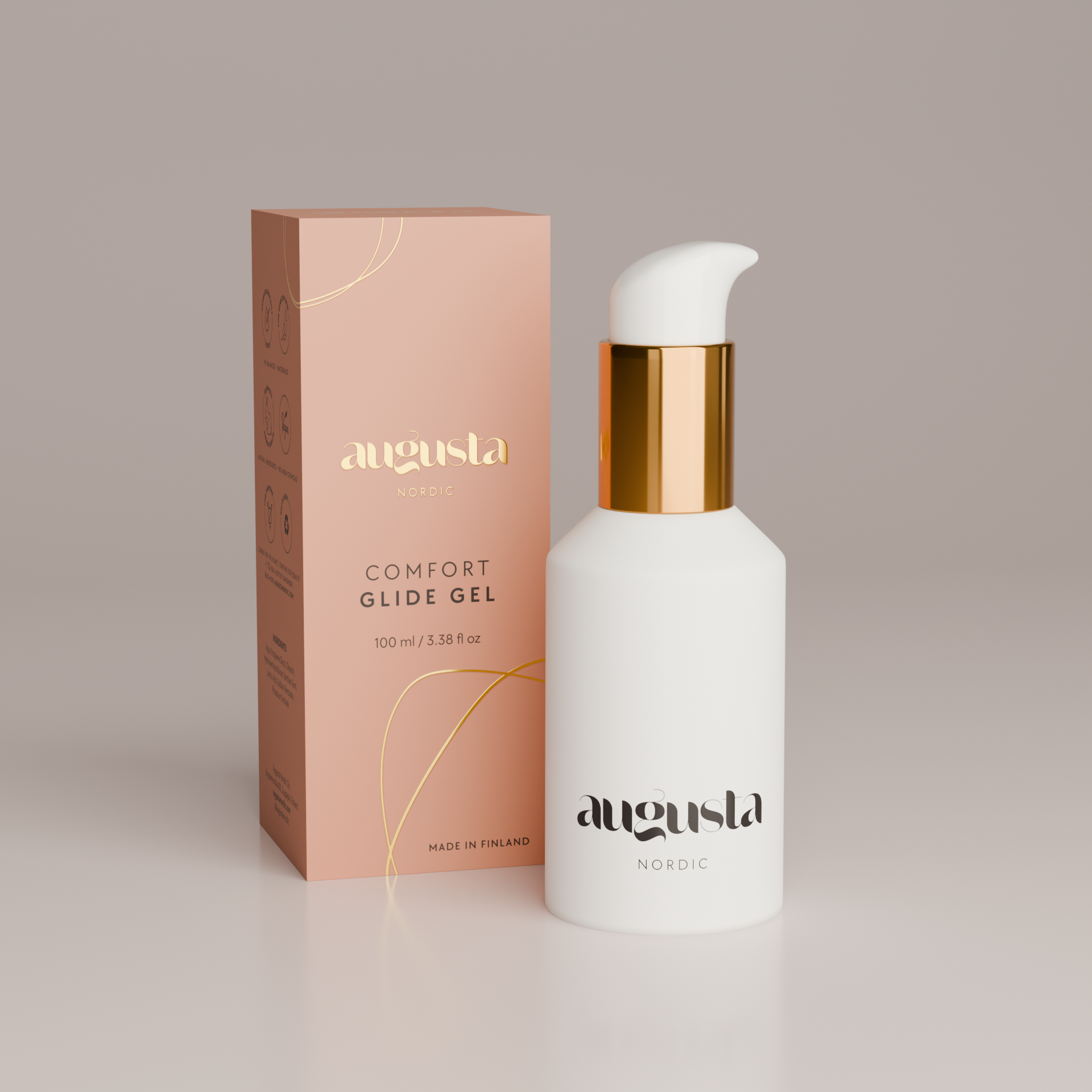 Augusta Nordic Comfort glide gel bottle in minimalist packaging toy safe and condom safe lubricant for comfortable intimacy