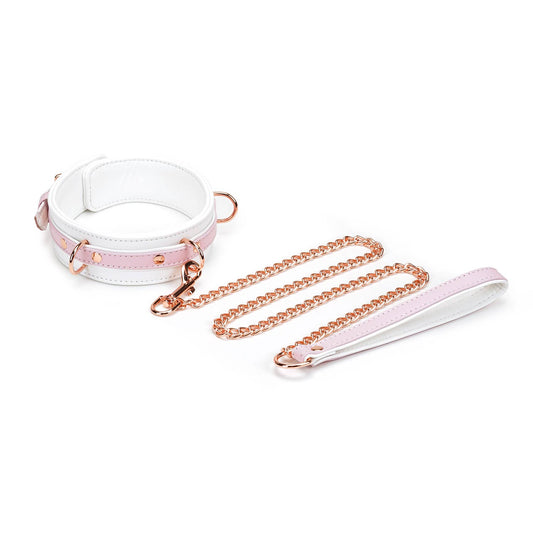 White and pink leather BDSM collar with rose gold leash and hardware