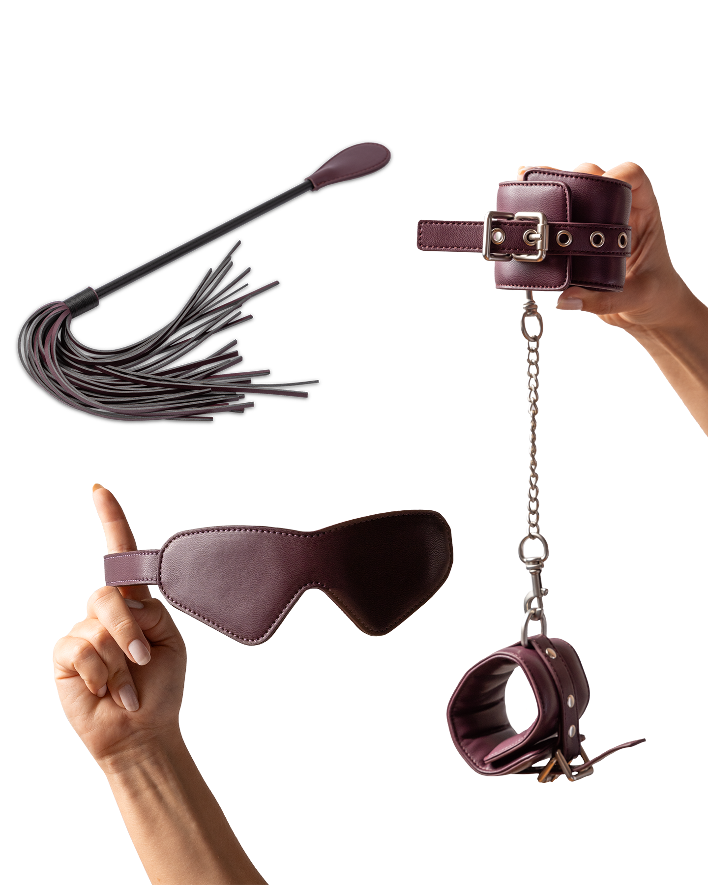 Beginner bondage kit with blindfold, cuffs, crop and tassel - Abbie X Normal inclusive seal wellness set