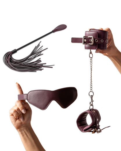 Beginner bondage kit with blindfold, cuffs, crop and tassel