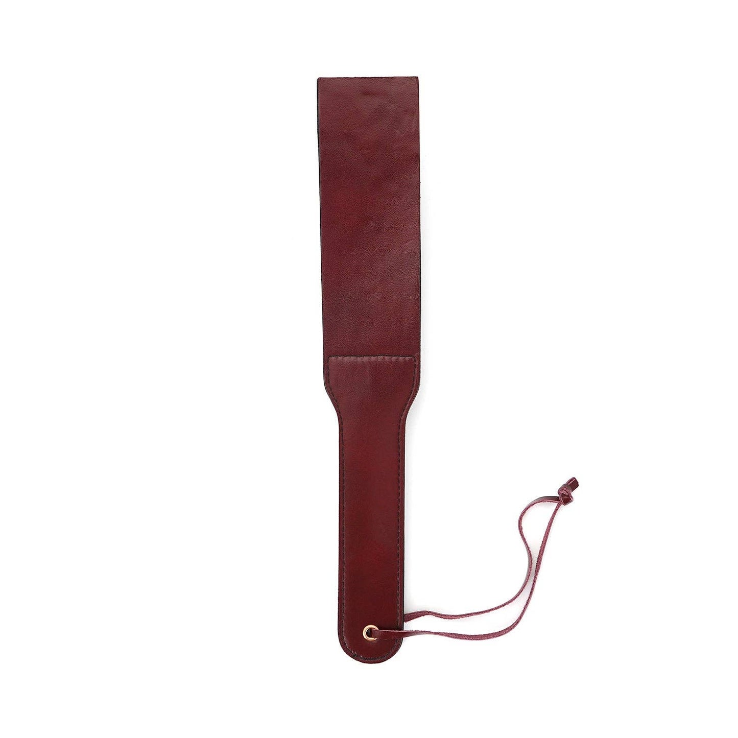 Detail view of wine-red leather strap and fine stitching
