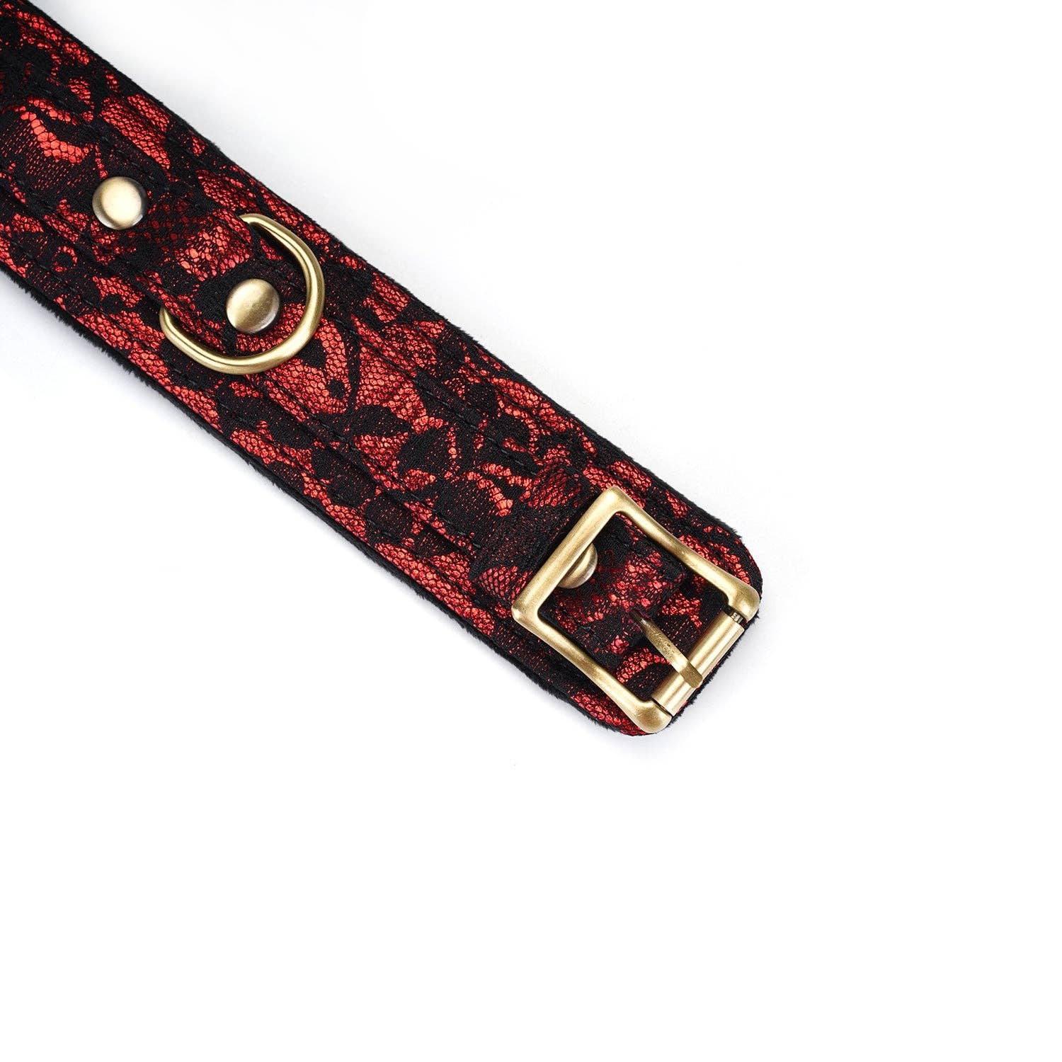Brass buckles and D-ring on black lace and ruby red vegan collar