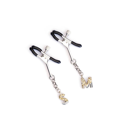 Silver Zinc Luxe S & M Nipple Clamps displayed elegantly on white background – luxury bondage accessory