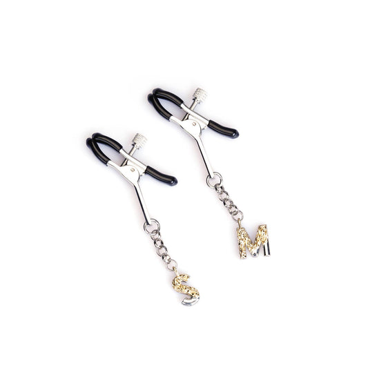 Silver Zinc Luxe S & M Nipple Clamps displayed elegantly on white background – luxury bondage accessory