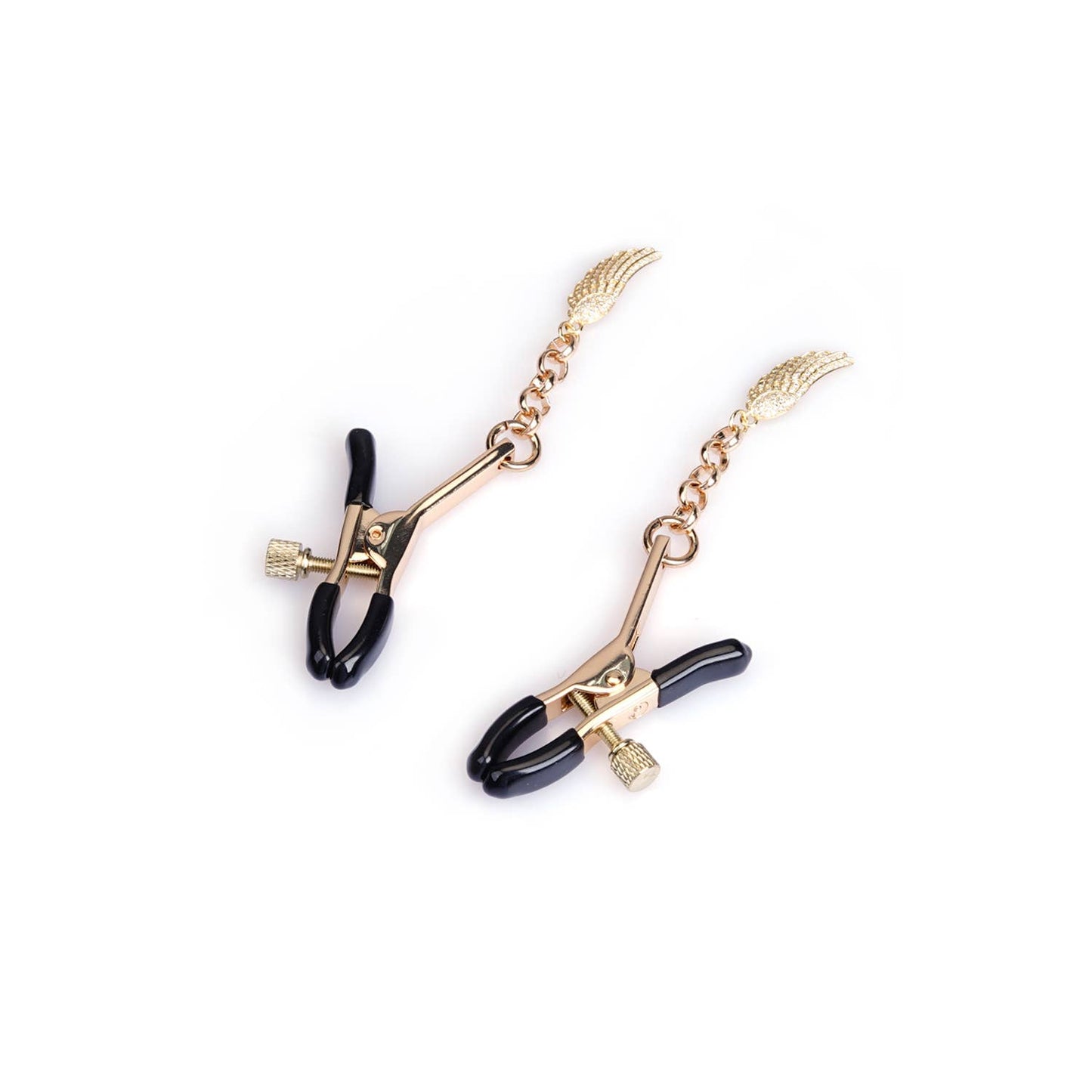 Close-up of polished zinc alloy nipple clamps with rubber tips and angel wing design – gold finish