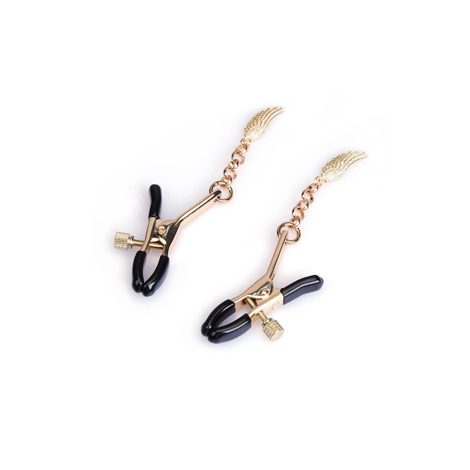Close-up of polished zinc alloy nipple clamps with rubber tips and angel wing design – gold finish
