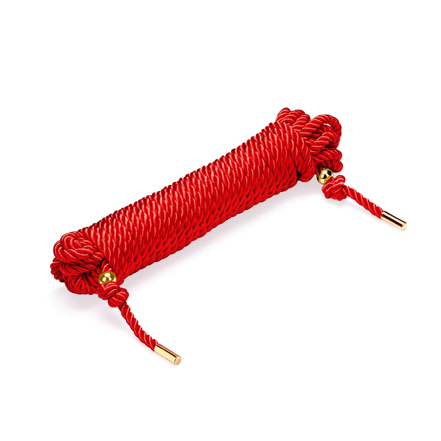 Close-up of red silky Shibari rope showing soft cotton weave and smooth texture for comfortable bondage.