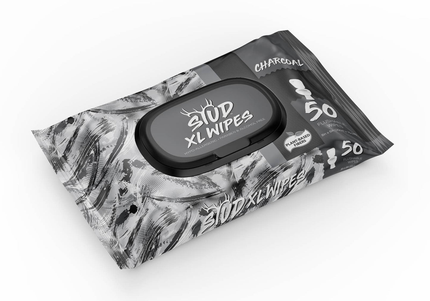Stud Wipes Charcoal 50-count flushable body wipes for on-the-go freshness, sensitive skin, post-play care, and everyday hygiene, alcohol- and paraben-free