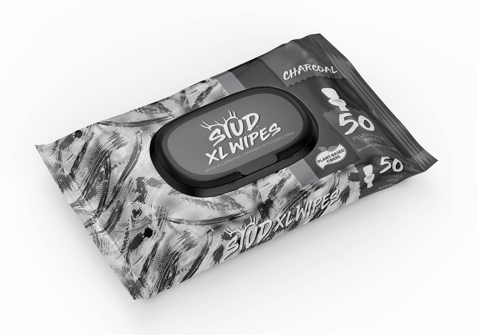 Stud Wipes Charcoal 50-count flushable body wipes for on-the-go freshness, sensitive skin, post-play care, and everyday hygiene, alcohol- and paraben-free