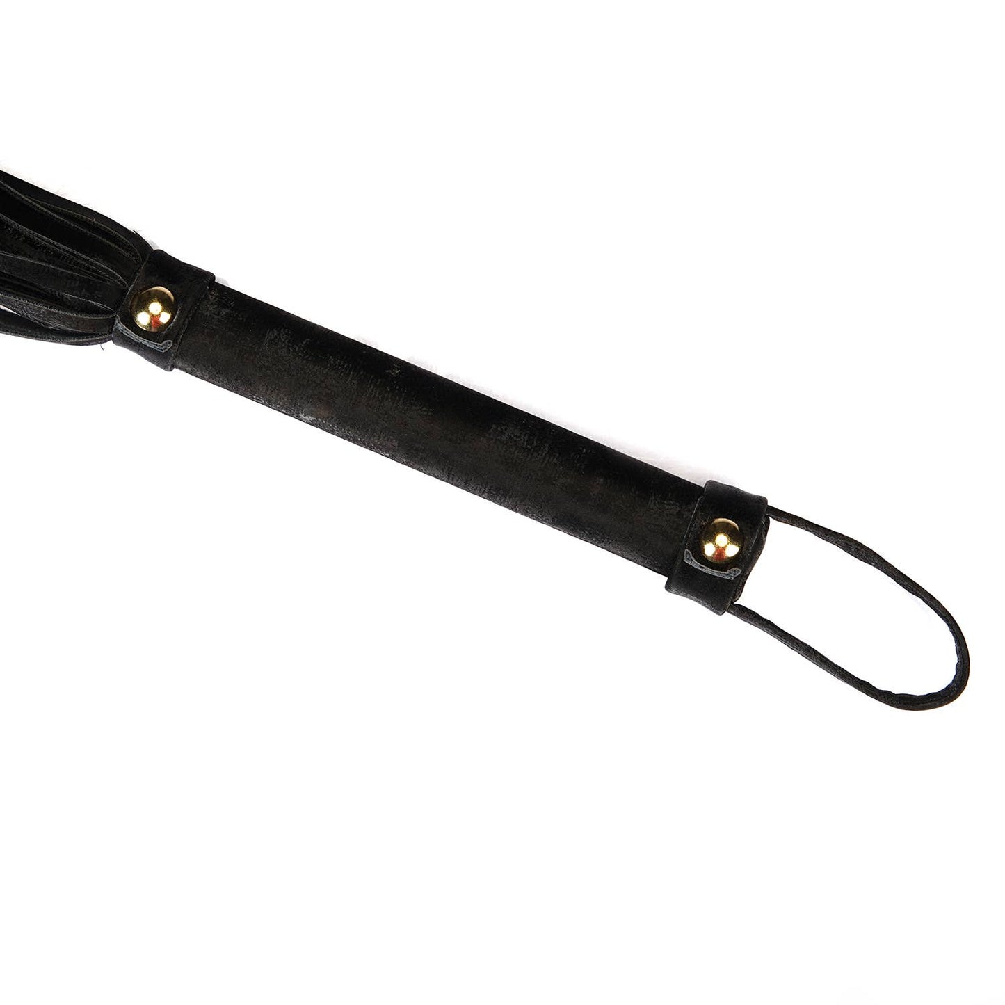 black vegan leather handle with gold accents and loop