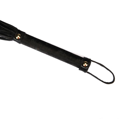 black vegan leather handle with gold accents and loop