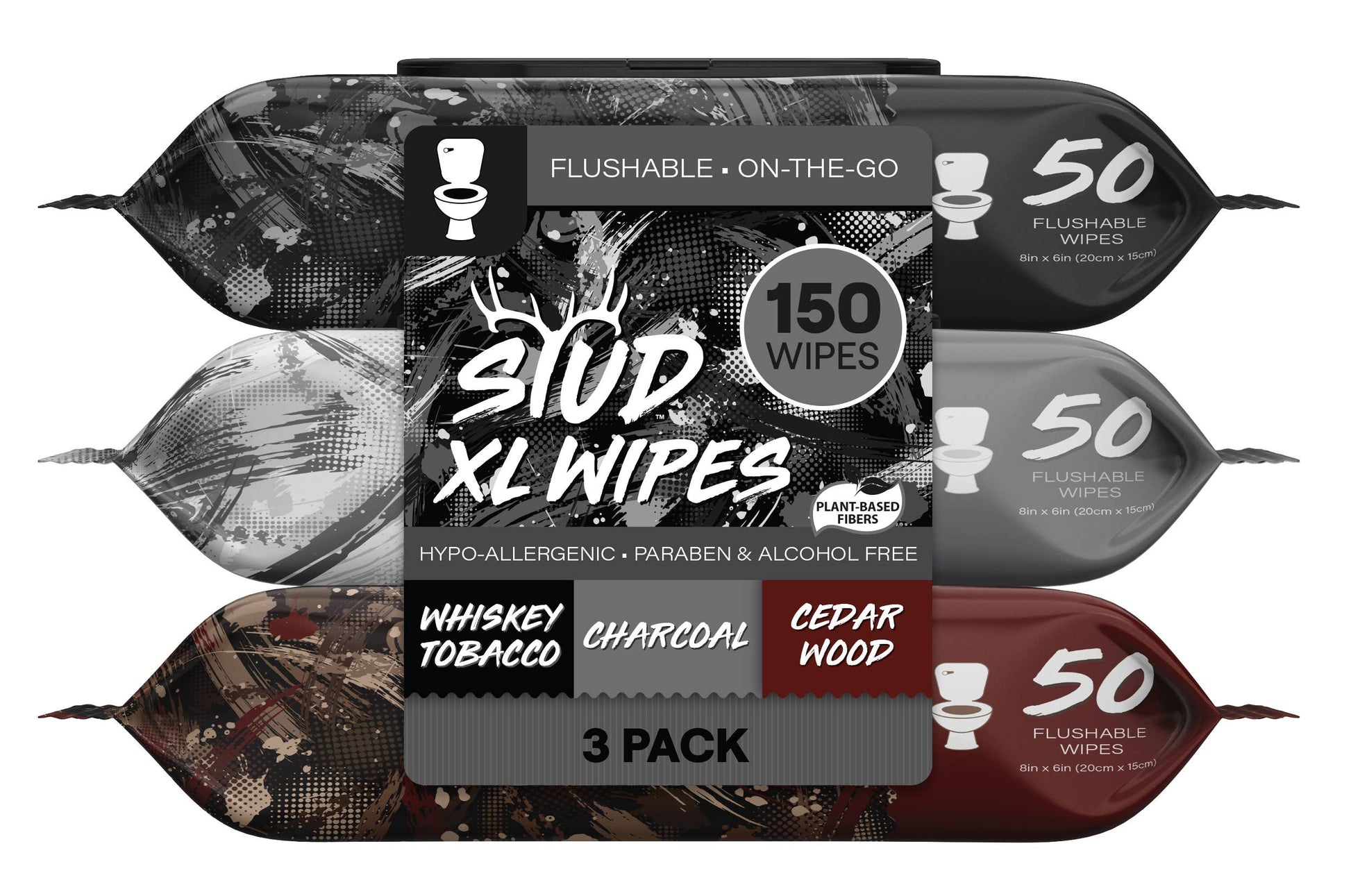 Stud Wipes Multipack 150CT – Whiskey Tobacco, Charcoal, and Cedarwood flushable body wipes for travel, gym, daily hygiene, festivals, and after-play freshness, plant-based and hypoallergenic