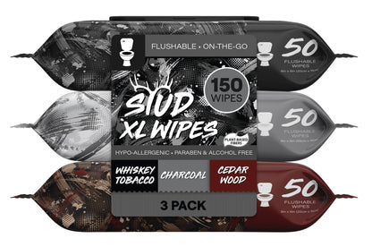 Stud Wipes Multipack 150CT – Whiskey Tobacco, Charcoal, and Cedarwood flushable body wipes for travel, gym, daily hygiene, festivals, and after-play freshness, plant-based and hypoallergenic