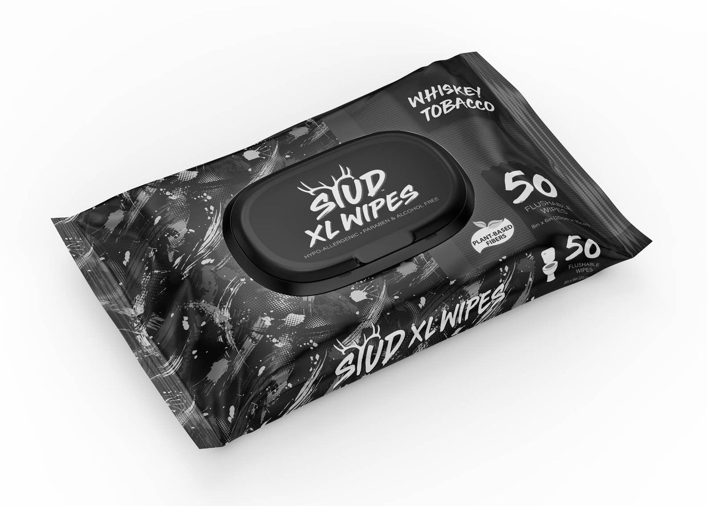 Stud Wipes Whiskey Tobacco 50-count flushable body wipes for travel, gym, daily hygiene, and after-play freshness, plant-based and hypoallergenic