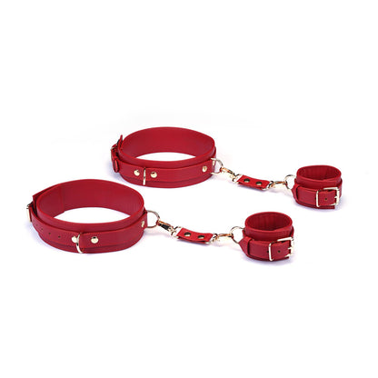 Red Faux Leather Wrist to Thigh Cuffs Kit – Adjustable Bondage Restraints