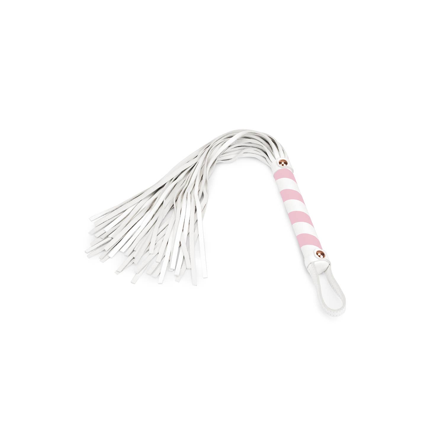 White and Pink Fairy Leather Flogger with rose gold accents on handle on white background
