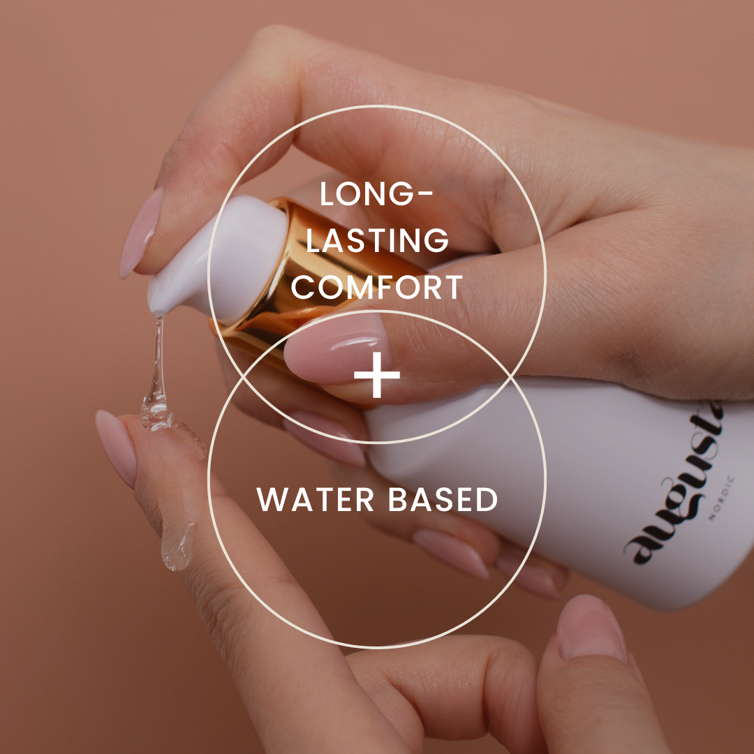 Hands holding the Comfort Glide water-based lubricant bottle showing silky lubricant and long lasting comfort