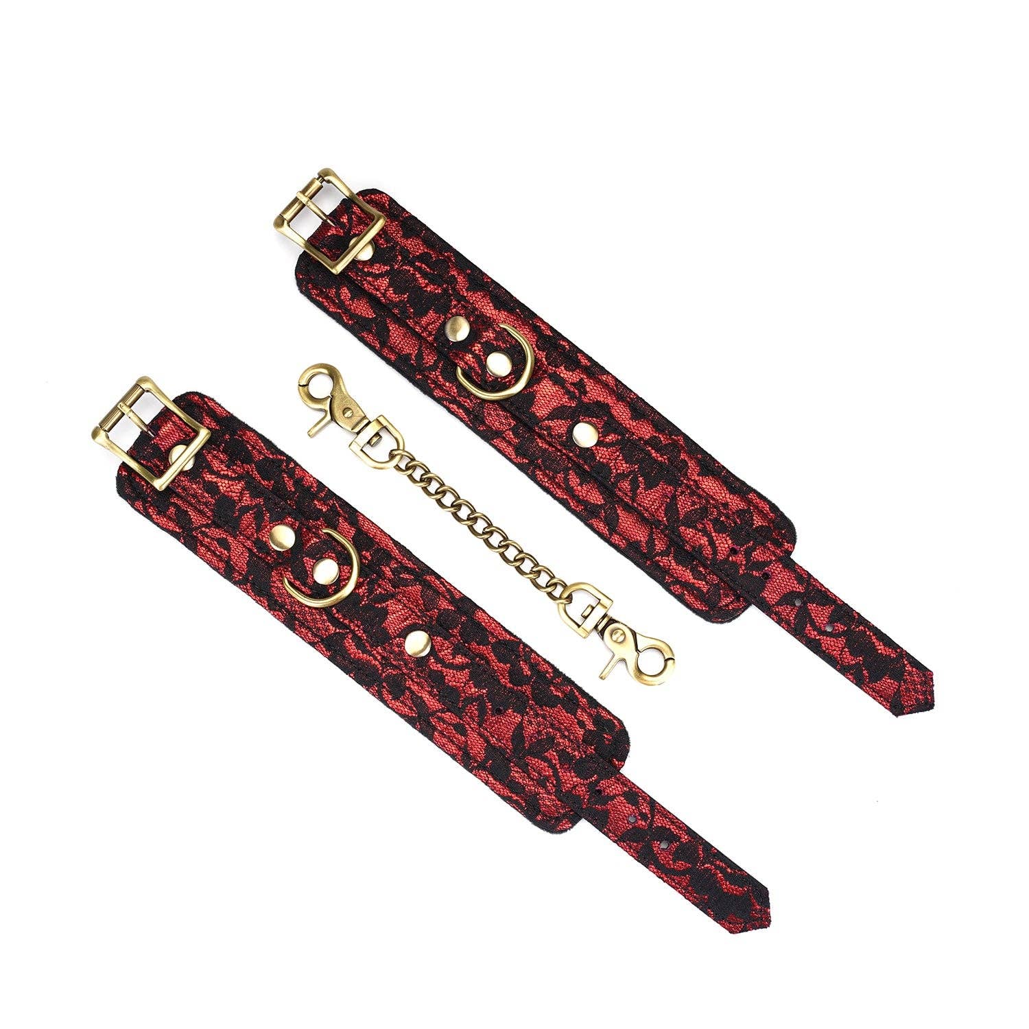 adjustable handcuffs showing delicate black lace and brass chain