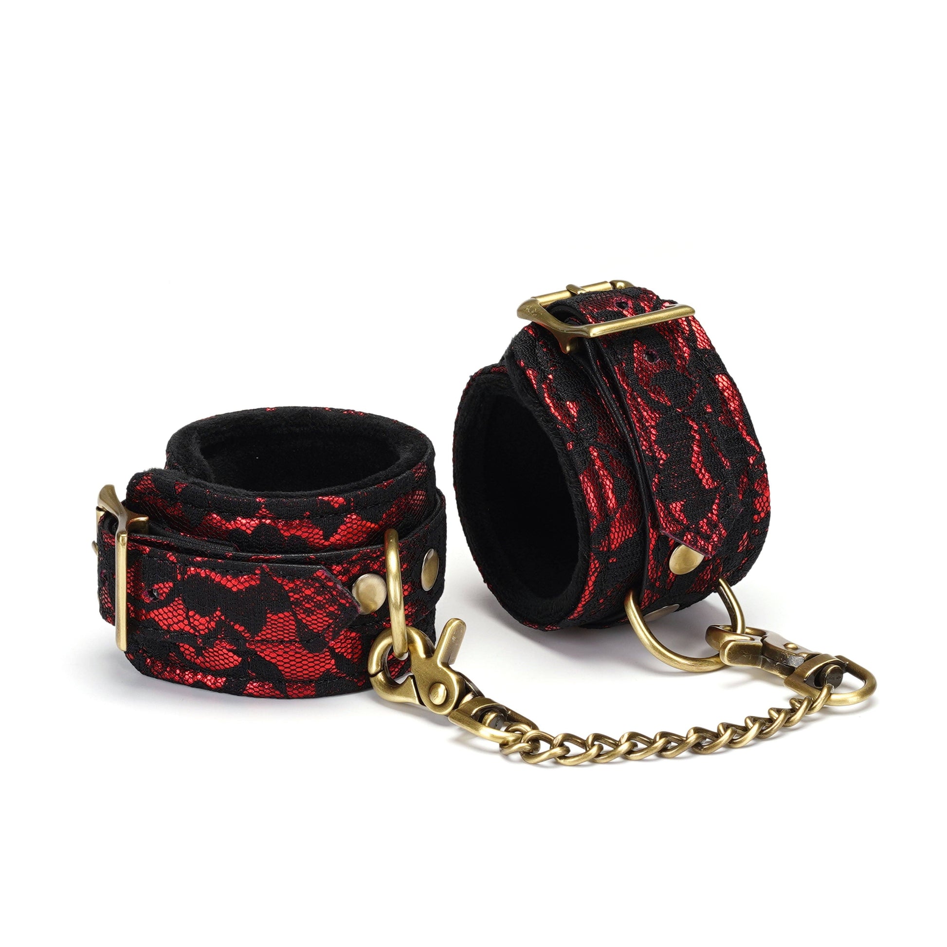 vegan-friendly cuffs blend delicate black lace with a soft faux fur lining and adjustable velvet-touch straps brass buckles and chain
