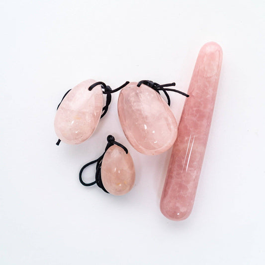 set of 3 rose quartz yoni eggs and yoni wand